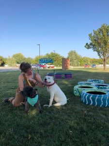 A woman and dog outside near an obstacle course